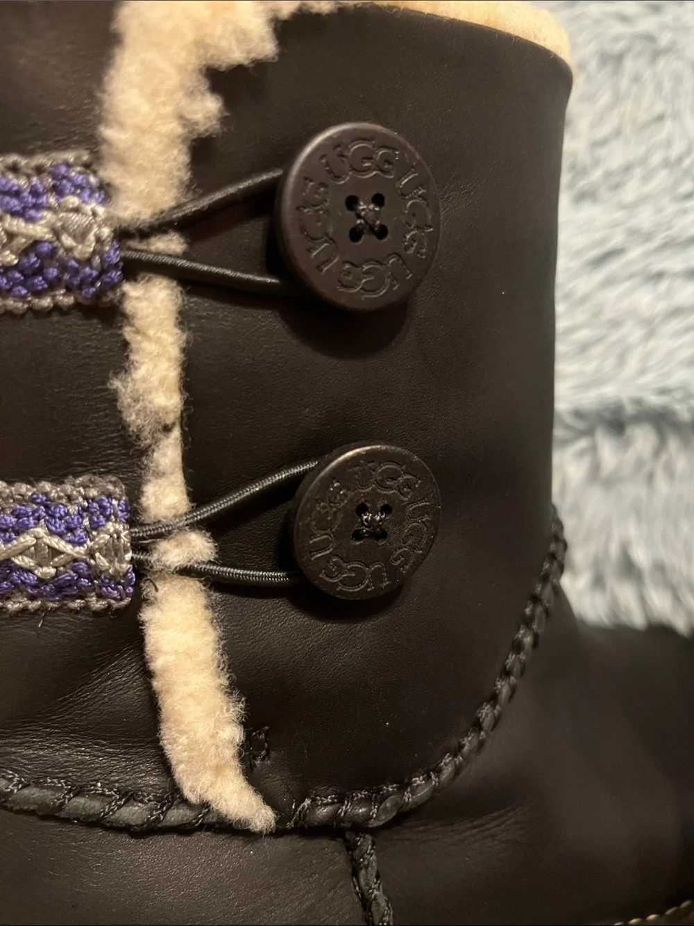 UGG Black Leather Shearling Winter Boots with Purple Trim